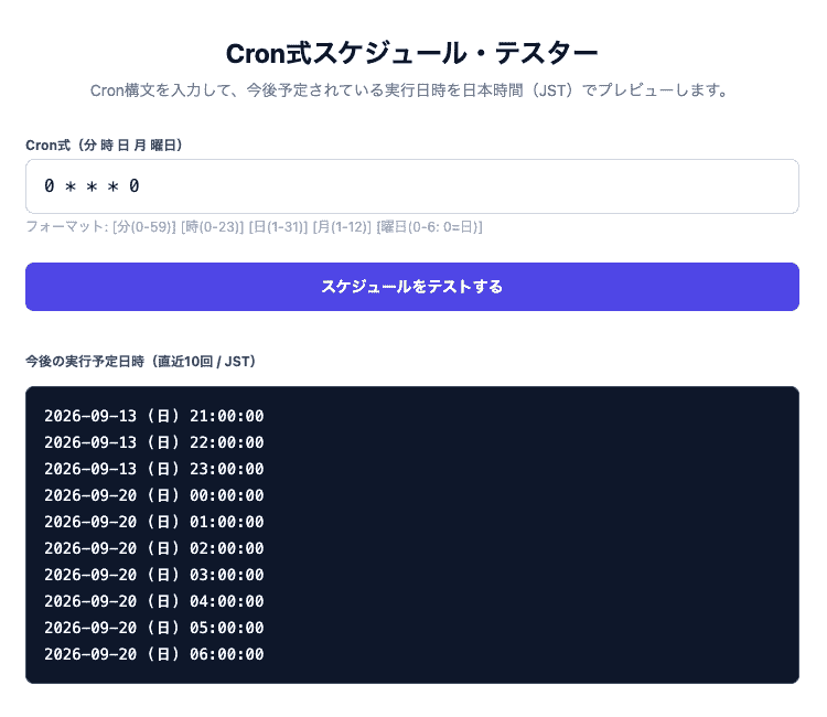 Cron式スケジュール・テスターの操作画面。5フィールドのCron構文を入力して、次回以降の実行予定日時を日本時間（JST）でプレビューできるUIです。